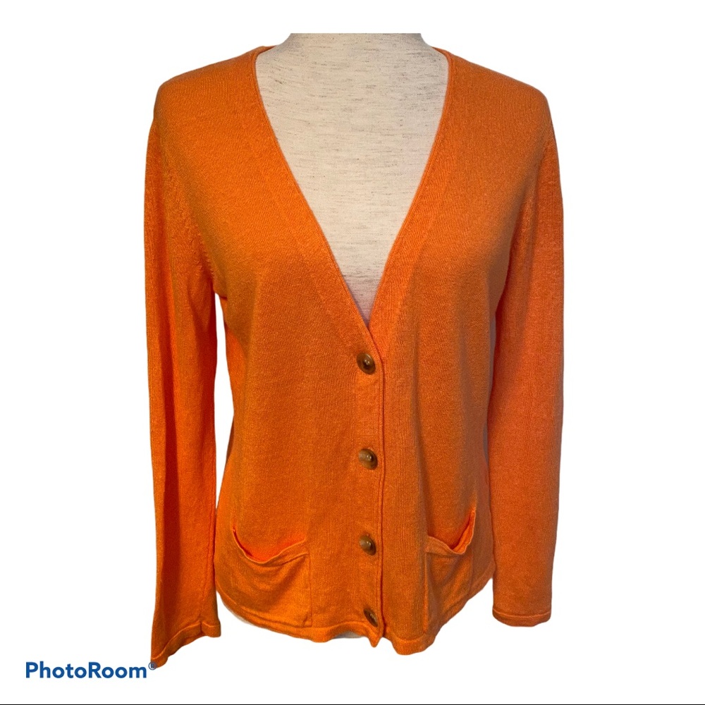 J. JILL SWEATER CARDIGAN ORANGE V-NECK BUTTON POCKETS Size S
